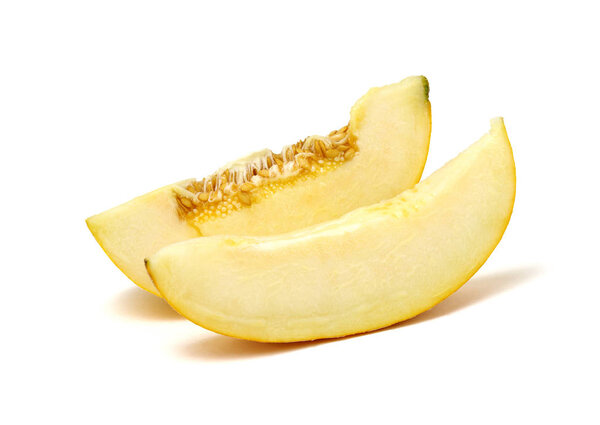 Melon slices isolated on white background. Orange cantaloupe clipping path .