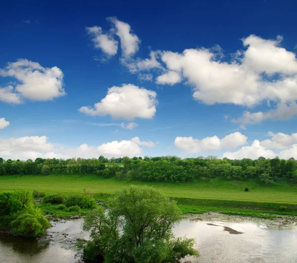 Krajobraz Drzewami Rzeką — Zdjęcie stockowe