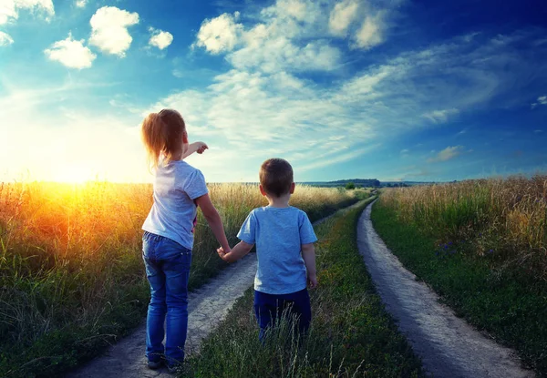 Kleine Jongen Meisje Het Veld Zoek Naar Het Landschap — Stockfoto