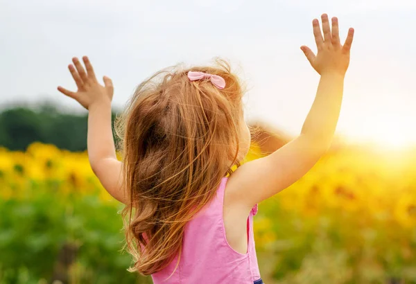 Girl Enjoying Nature Meadow Outstretched Arms Fresh Morning Air Summer — Stock Photo, Image