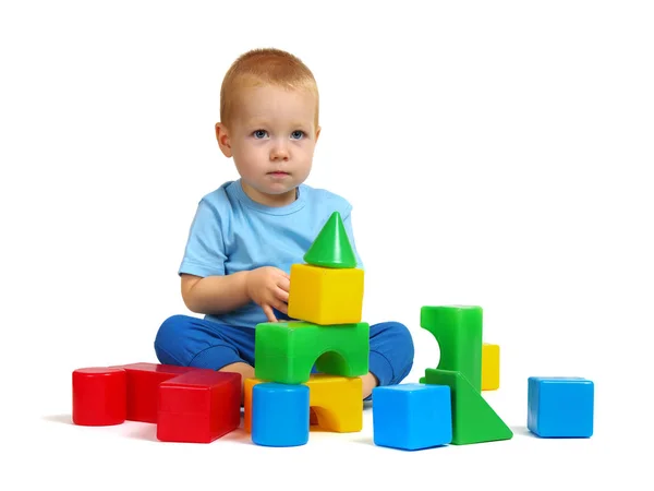 Little Boy Playing Toy Isolated White Background — Stock Photo, Image