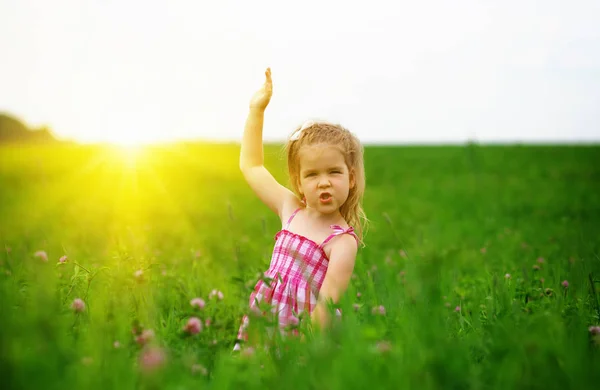 Kleines Mädchen Auf Der Wiese Frühlingstag — Stockfoto