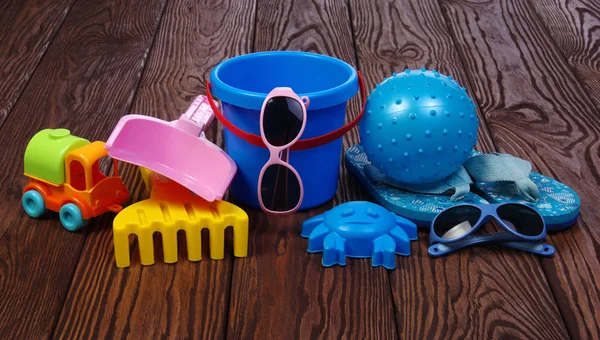 Zomer Accessoires Van Kids Houten Achtergrond — Stockfoto