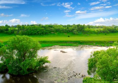Ağaçlı ve nehirli bir manzara. 