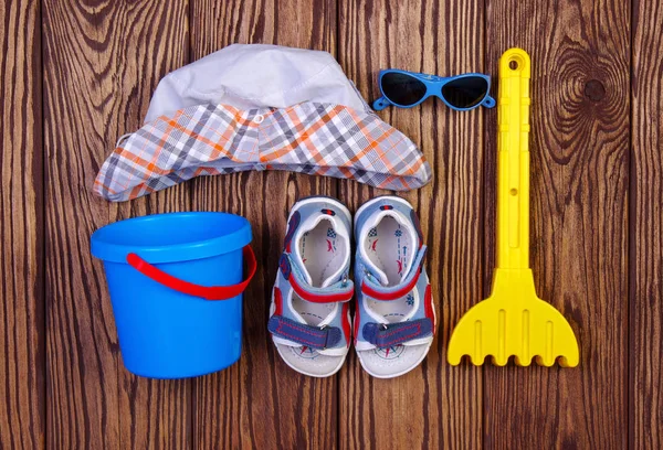 Accessoires Été Des Enfants Sur Fond Bois — Photo