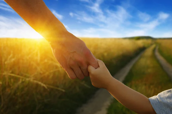 Las Manos Del Padre Niño Pequeño Campo Carretera — Foto de Stock