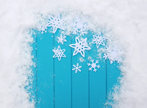 Padrão Inverno Com Flocos Neve Textura Madeira Azul Com Neve — Fotografia de Stock