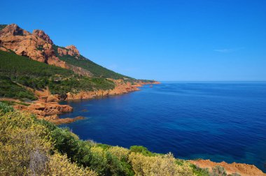 Denizin taşlı manzarası. Koyda berrak mavi su.