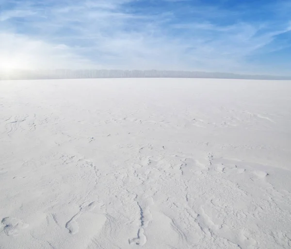 Zimní Krajina Zasněžená Pole Modré Obloze Slunci — Stock fotografie