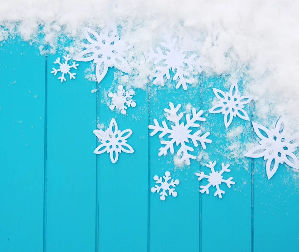 Wintermuster Mit Schneeflocken Blaues Holz Textur Mit Schnee Weihnachten Hintergrund — Stockfoto