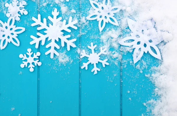 Winter Pattern Snowflakes Blue Wood Texture Snow Christmas Background — Stock Photo, Image