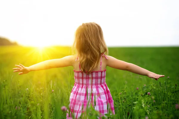 Kleines Mädchen Auf Der Wiese Frühlingstag — Stockfoto