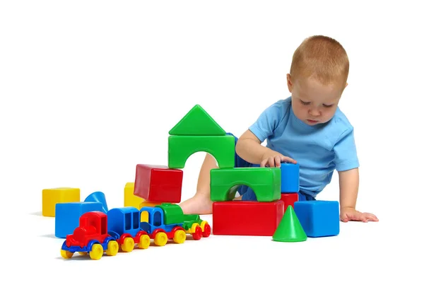 Menino Brincando Brinquedo Isolado Fundo Branco — Fotografia de Stock