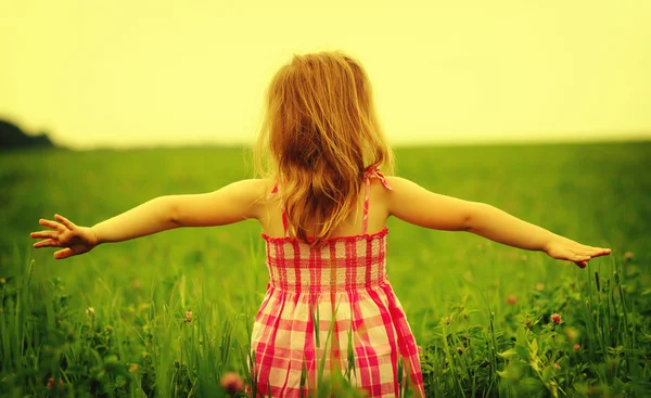 Mädchen Genießen Die Natur Auf Der Wiese Ausgestreckte Arme Frische — Stockfoto