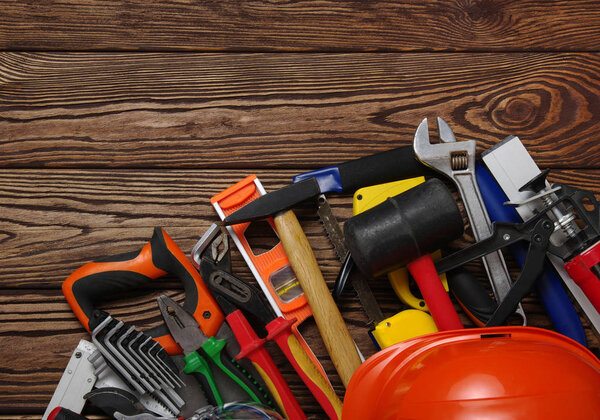 Tools on wood  background 