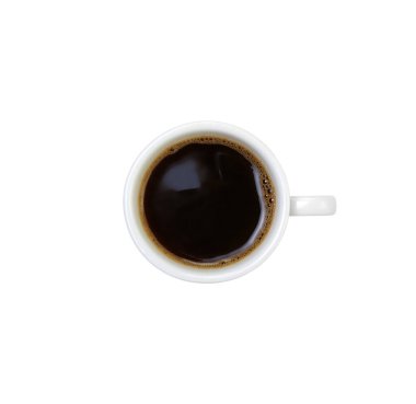 Beyaz seramik fincanda sıcak kahvenin en üst görüntüsü..