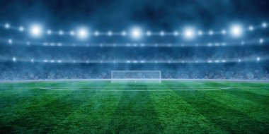 Işıklı futbol stadyumu, yeşil çimenler ve gece bulanık gökyüzü