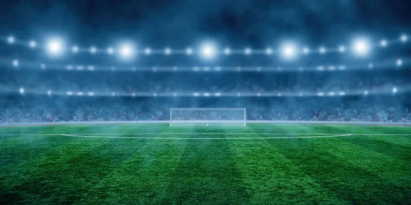 Fußballstadion Mit Beleuchtung Grünem Rasen Und Nächtlichem Verschwommenem Himmel — Stockfoto