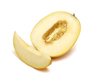 Beyaz arka planda izole edilmiş kavun dilimleri. Turuncu kavun kırpma yolu .