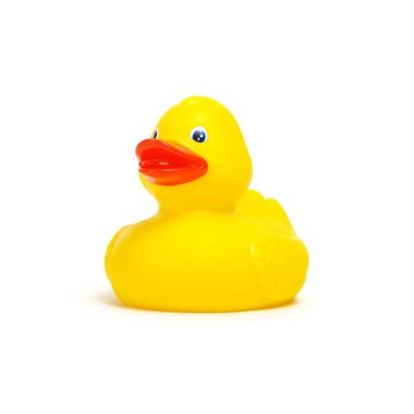 Sarı plastik ördek beyaz arkaplanda izole