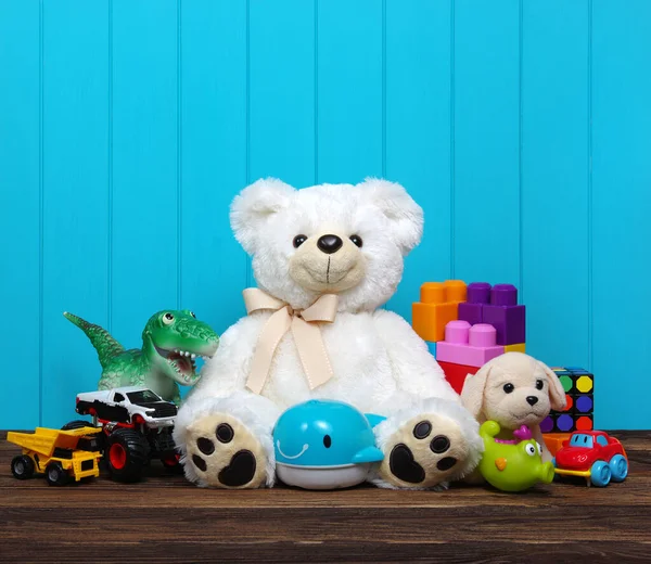 Toys on a wood background