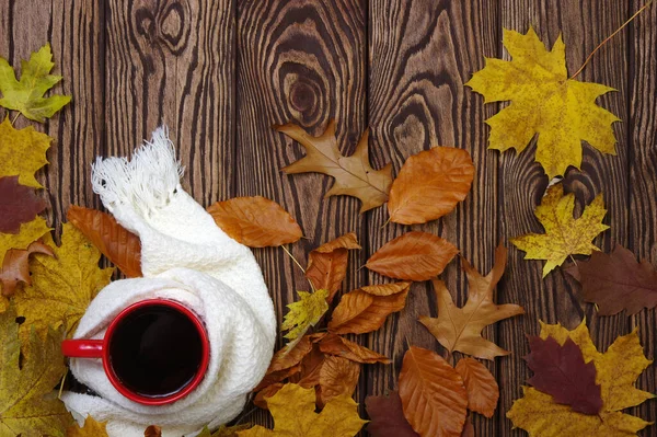 Horký Šálek Kávy Šátek Dřevěném Pozadí Stolu Podzimní Listí Sezónní — Stock fotografie