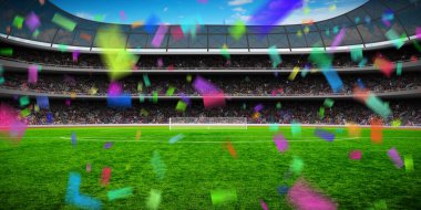 Yeşil futbol stadyumu, aydınlatılmış saha, gece arenası.