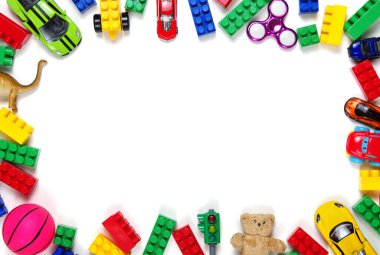  Oyuncak çerçevesi beyaz arka planda. Üst Manzara. Düz yatıyordu.