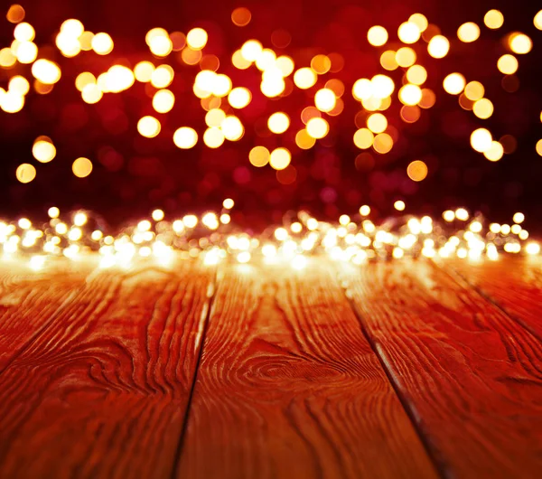 Bokeh Ile Tatil Geçmişi Noel Işıklandırmalı Ahşap Masa — Stok fotoğraf