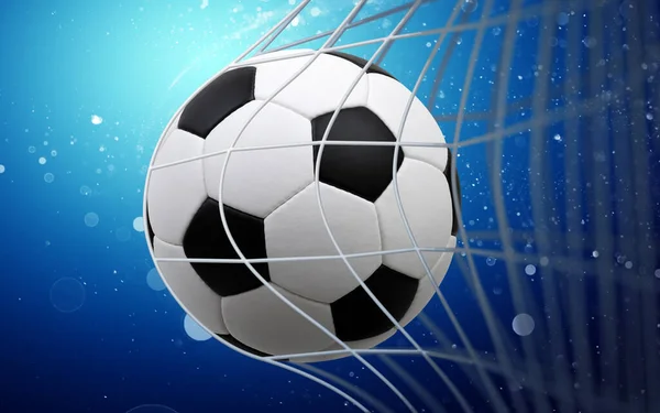 青を背景にしたゴールのサッカーボール — ストック写真