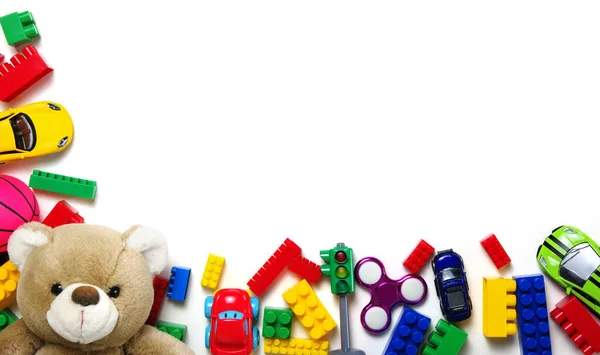 Brinquedos Moldura Fundo Branco Vista Superior Depósito Plano — Fotografia de Stock