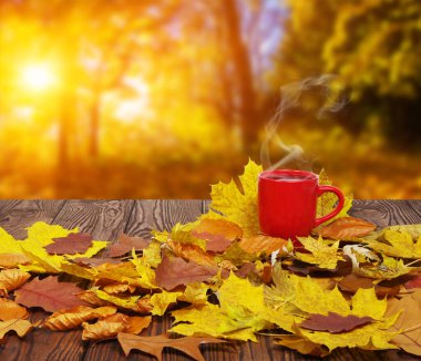Sonbahar yaprakları ve sıcak bir fincan kahve. Güneş ışığı arka planında tahta masa. Sonbahar zaman kavramı.