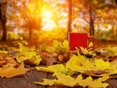 Sonbahar yaprakları ve sıcak bir fincan kahve. Güneş ışığı arka planında tahta masa. Sonbahar zaman kavramı.