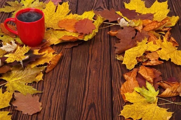 Осенние Листья Горячая Чашка Кофе Деревянном Фоне — стоковое фото