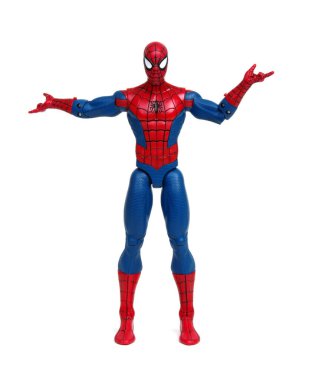Vinnitsa, Ukrayna... 19 Mart 2019: Örümcek Adam oyuncağı beyaz arka planda. Marvel Comics 'in süper kahramanı. Yenilmezler stüdyosu.