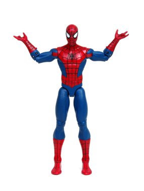 Vinnitsa, Ukrayna... 19 Mart 2019: Örümcek Adam oyuncağı beyaz arka planda. Marvel Comics 'in süper kahramanı. Yenilmezler stüdyosu.
