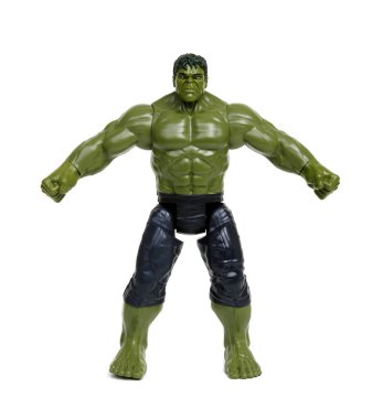 Vinnitsa, Ukrayna 19 Mart 2019 Hulk oyuncağı beyaz arka planda. Marvel Comics 'in süper kahramanı. Yenilmezler stüdyosu.