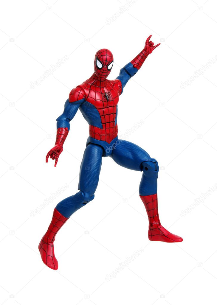 Vinnitsa, Ukraine- March 19, 2019: Spiderman toy isoleted on white background. Superhero by Marvel Comics. The Avengers studio shot.