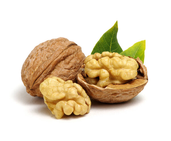 Walnuts with leaves isolated on white