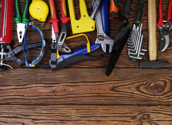 Herramientas Sobre Fondo Madera Vista Superior — Foto de Stock