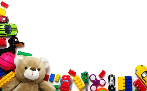 Crianças Brinquedos Moldura Fundo Branco Vista Superior Espaço Cópia Para — Fotografia de Stock
