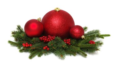 Beyaz arka planda çam dallarında kırmızı noel topları