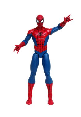 Vinnitsa, Ukrayna... 19 Mart 2019: Örümcek Adam oyuncağı beyaz arka planda. Marvel Comics 'in süper kahramanı. Yenilmezler stüdyosu.