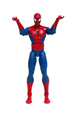 Vinnitsa, Ukrayna... 19 Mart 2019: Örümcek Adam oyuncağı beyaz arka planda. Marvel Comics 'in süper kahramanı. Yenilmezler stüdyosu.