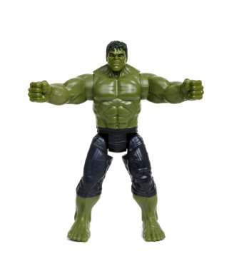 Vinnitsa, Ukrayna 19 Mart 2019 Hulk oyuncağı beyaz arka planda. Marvel Comics 'in süper kahramanı. Yenilmezler stüdyosu.