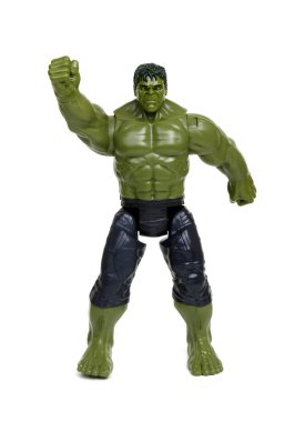 Vinnitsa, Ukrayna 19 Mart 2019 Hulk oyuncağı beyaz arka planda. Marvel Comics 'in süper kahramanı. Yenilmezler stüdyosu.