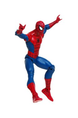 Vinnitsa, Ukrayna... 19 Mart 2019: Örümcek Adam oyuncağı beyaz arka planda. Marvel Comics 'in süper kahramanı. Yenilmezler stüdyosu.