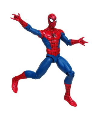 Vinnitsa, Ukrayna... 19 Mart 2019: Örümcek Adam oyuncağı beyaz arka planda. Marvel Comics 'in süper kahramanı. Yenilmezler stüdyosu.