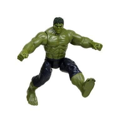 Vinnitsa, Ukrayna 19 Mart 2019 Hulk oyuncağı beyaz arka planda. Marvel Comics 'in süper kahramanı. Yenilmezler stüdyosu.