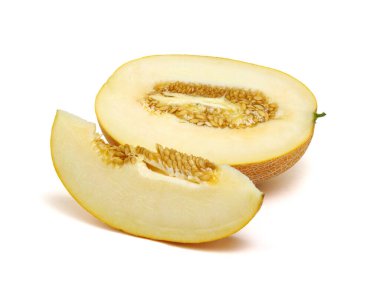 Beyaz arka planda izole edilmiş kavun dilimleri. Turuncu kavun kırpma yolu .